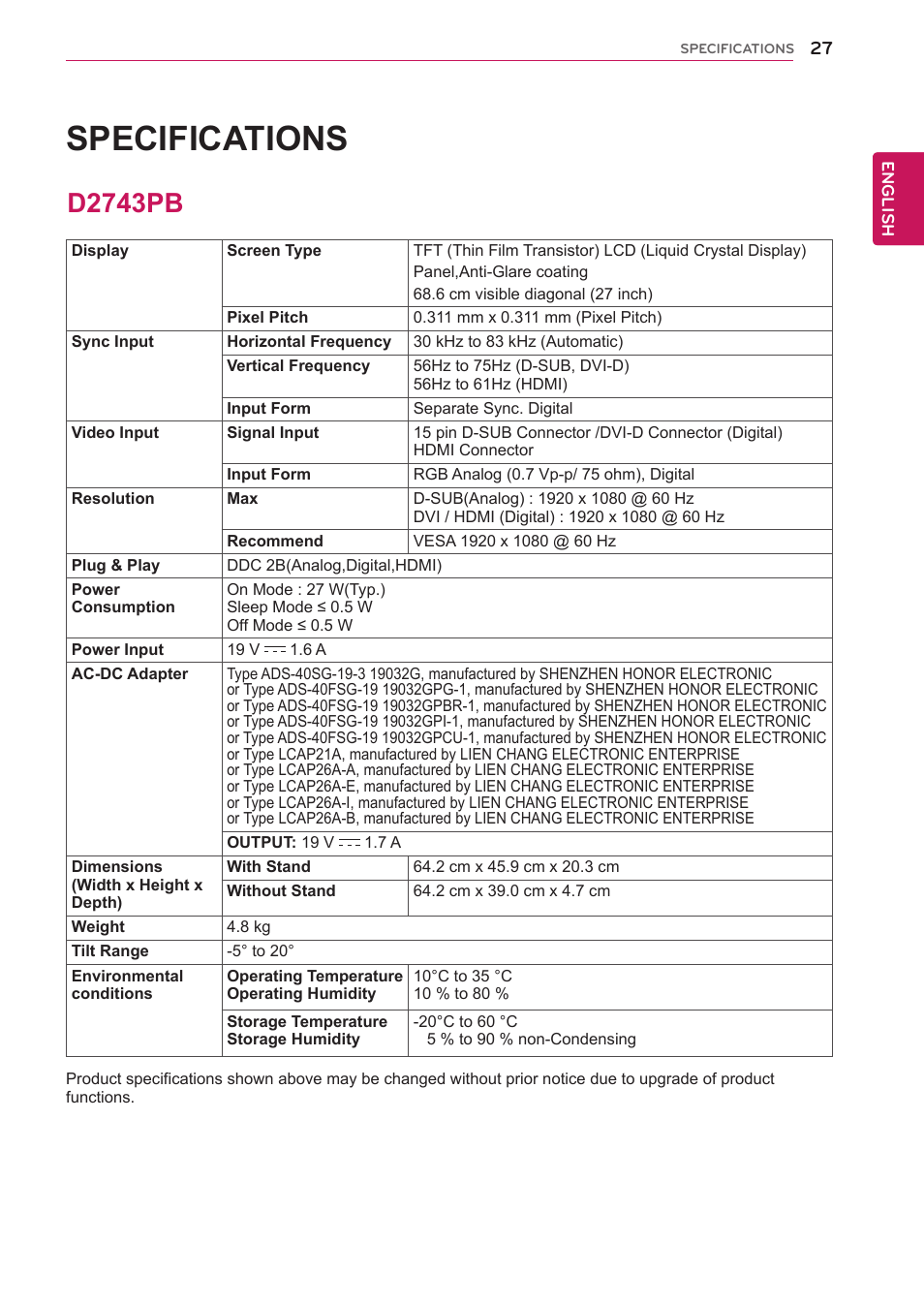 D2743pb, 27 d2743pb, Specifications | LG D2343PB-BN User Manual | Page 28 / 33