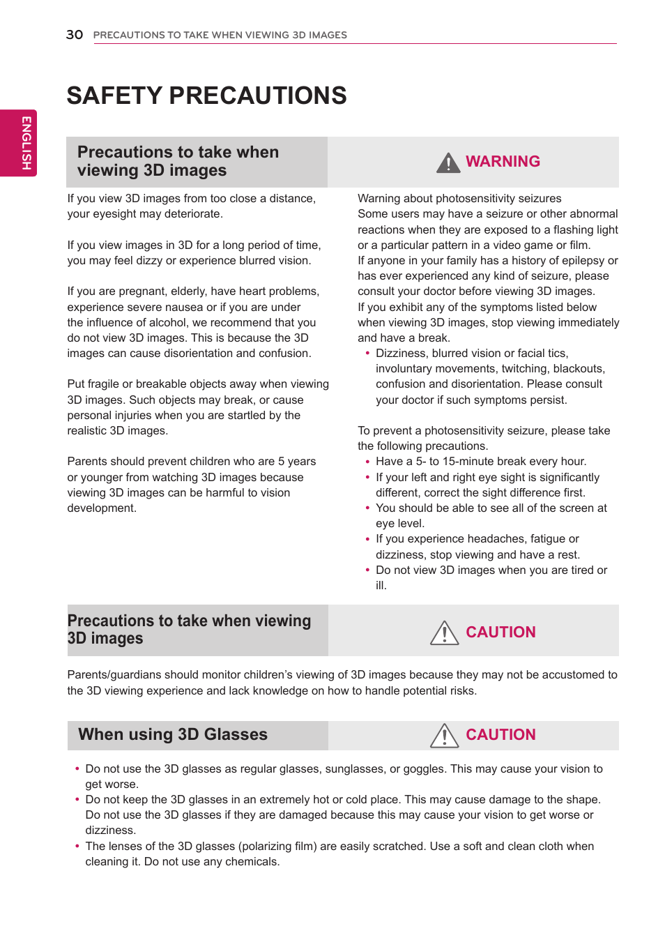 Safety precautions, Precautions to take when viewing 3d images, When using 3d glasses | Precautions to take when viewing 3d, Images, Caution, Caution warning | LG D2343PB-BN User Manual | Page 31 / 33