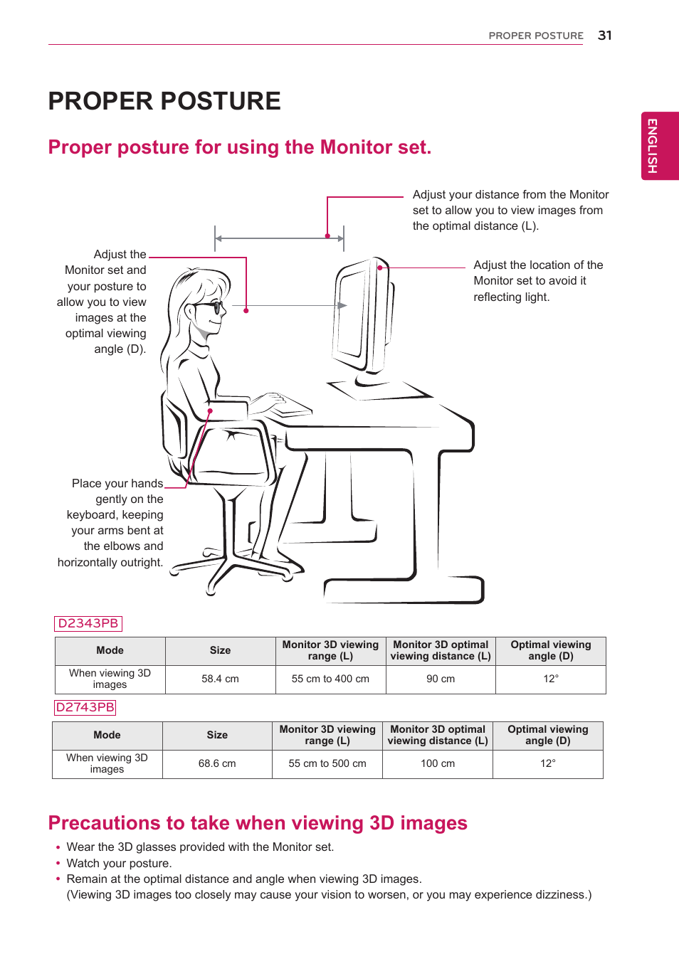 Proper posture, Proper posture for using the monitor set, Precautions to take when viewing 3d images | Ages | LG D2343PB-BN User Manual | Page 32 / 33
