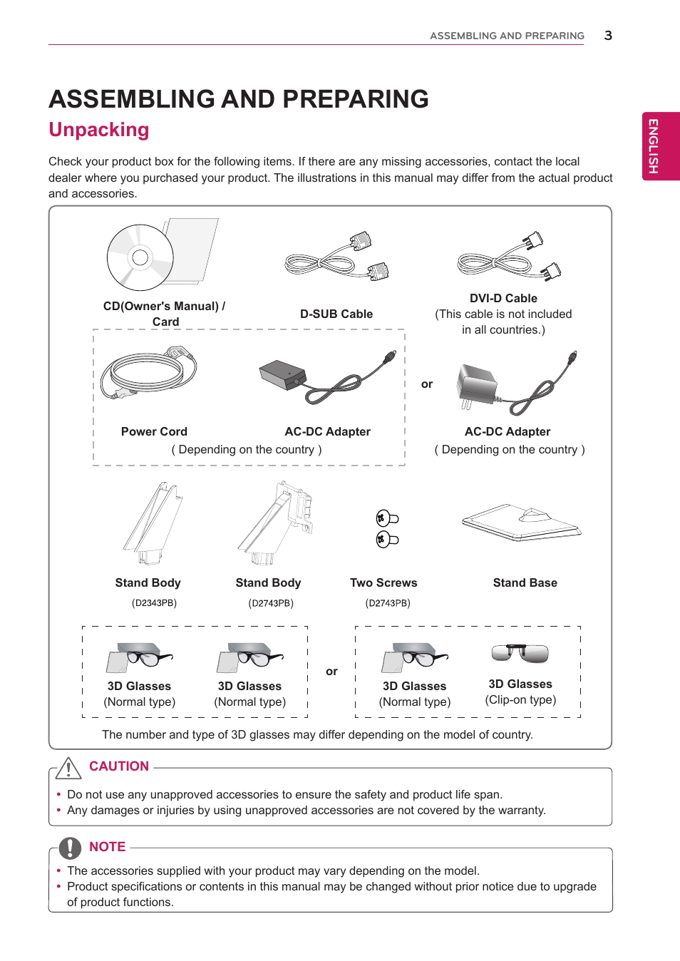 Assembling and preparing, Unpacking, Assembling and prepar | LG D2343PB-BN User Manual | Page 4 / 33