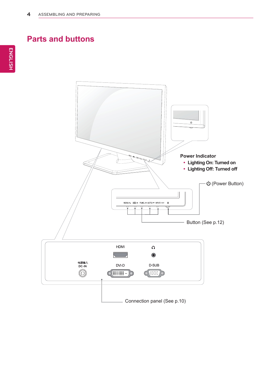 Parts and buttons | LG D2343PB-BN User Manual | Page 5 / 33