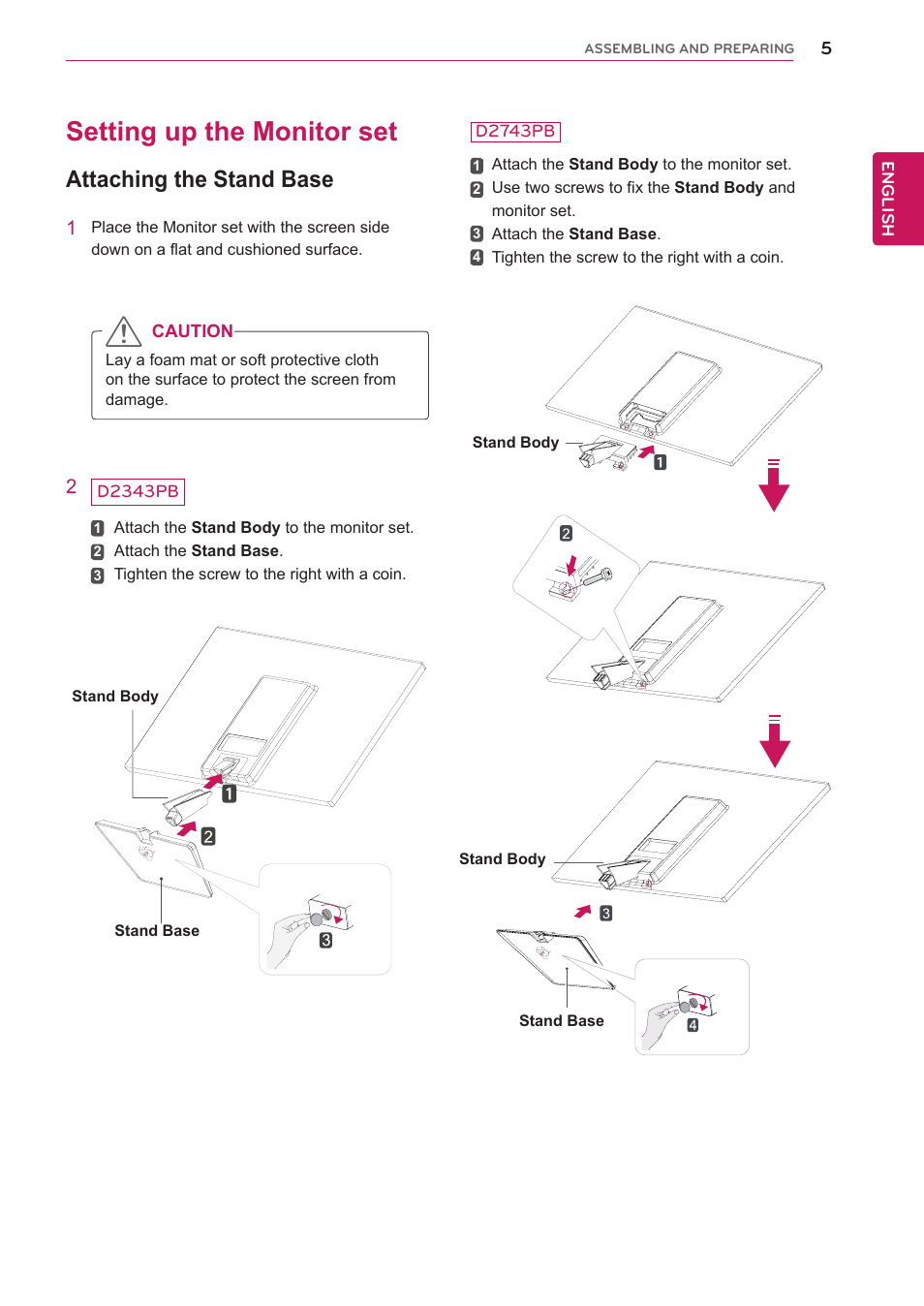 Setting up the monitor set, Attaching the stand base | LG D2343PB-BN User Manual | Page 6 / 33