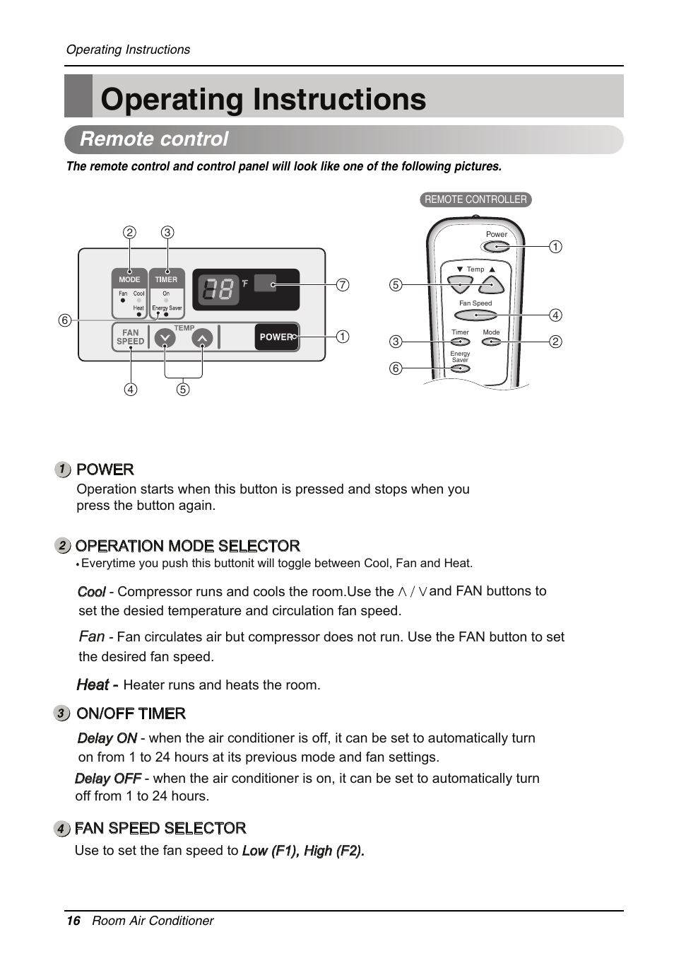 Operating instructions, Remote control, Heat | Fan speed selector, Power operation mode selector, On/off timer | LG LW1213HR User Manual | Page 16 / 48