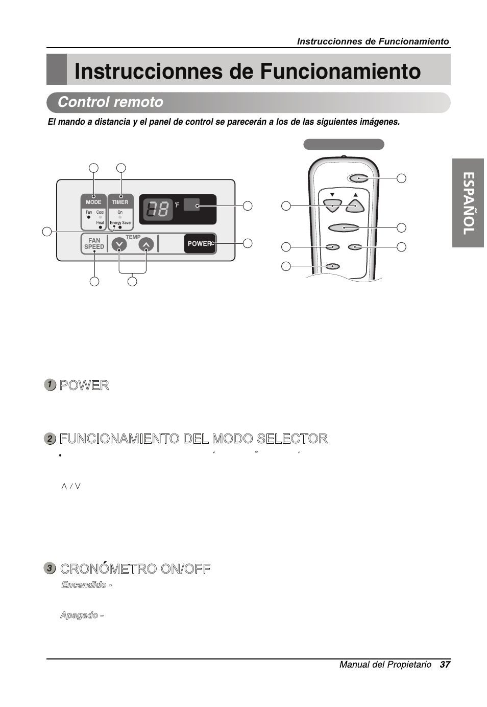 Instruccionnes de funcionamiento, Control remoto, Power | Funcionamiento del modo selector, Cronometro on/off | LG LW1213HR User Manual | Page 37 / 48