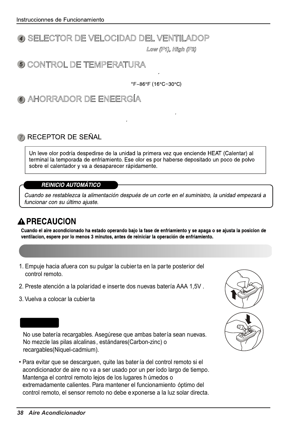 Insertar las batería del control remoto, Consejo, Selector de velocidad del ventiladop | Control de temperatura, Ahorrador de eneergia | LG LW1213HR User Manual | Page 38 / 48