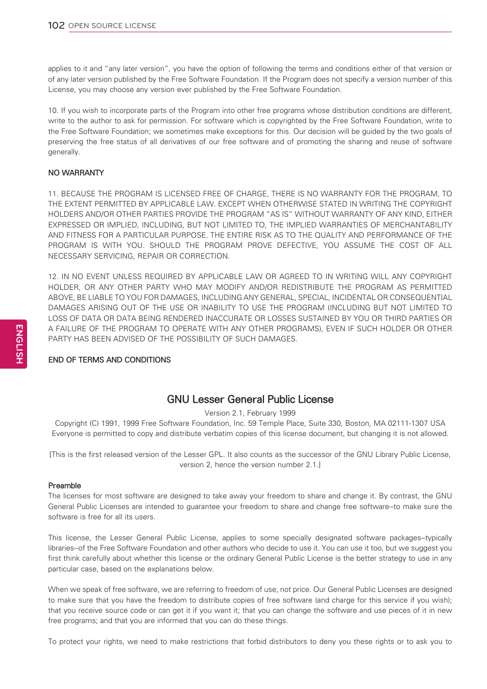 Gnu lesser general public license | LG 50PV490 User Manual | Page 102 / 122