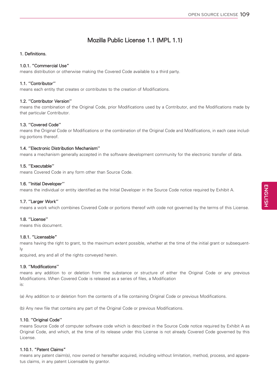 Mozilla public license 1.1 (mpl 1.1) | LG 50PV490 User Manual | Page 109 / 122