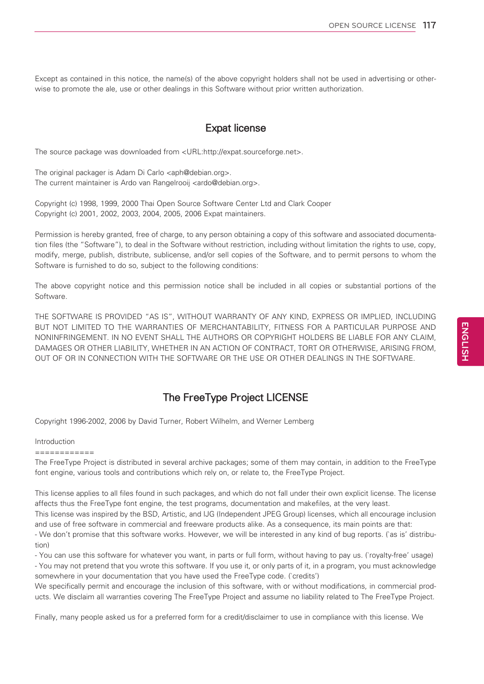 Expat license, The freetype project license | LG 50PV490 User Manual | Page 117 / 122