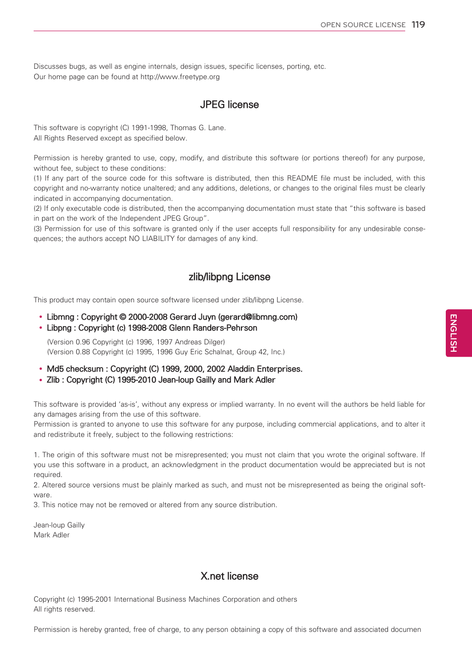 Jpeg license, Zlib/libpng license | LG 50PV490 User Manual | Page 119 / 122