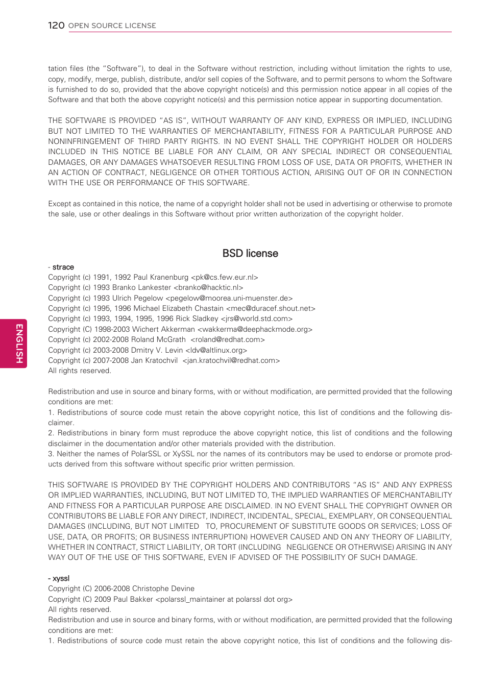 Bsd license | LG 50PV490 User Manual | Page 120 / 122