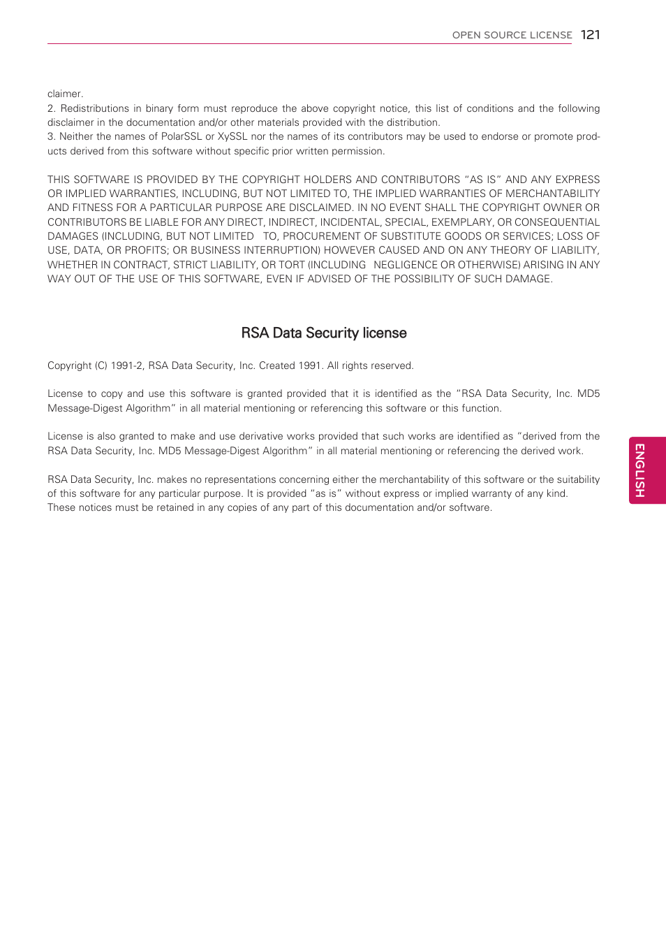 Rsa data security license | LG 50PV490 User Manual | Page 121 / 122