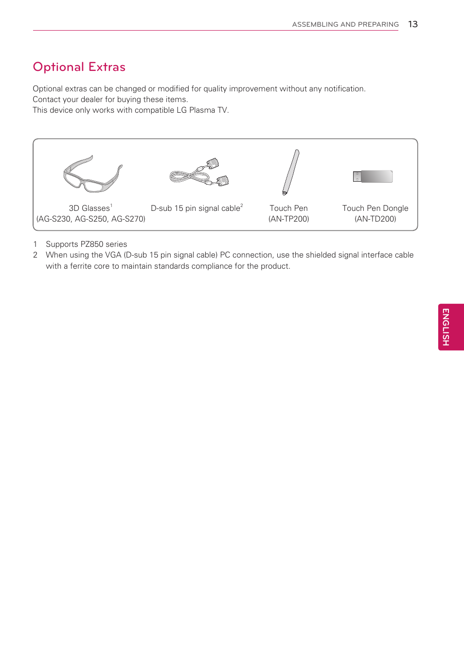 Optional extras | LG 50PV490 User Manual | Page 13 / 122