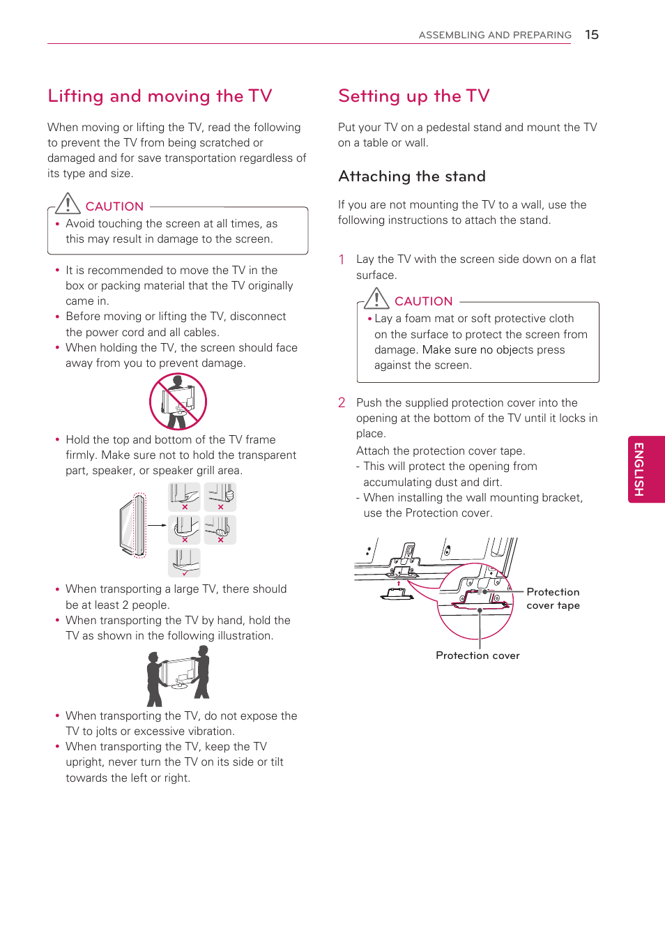 Lifting and moving the tv, Setting up the tv, Attaching the stand | LG 50PV490 User Manual | Page 15 / 122