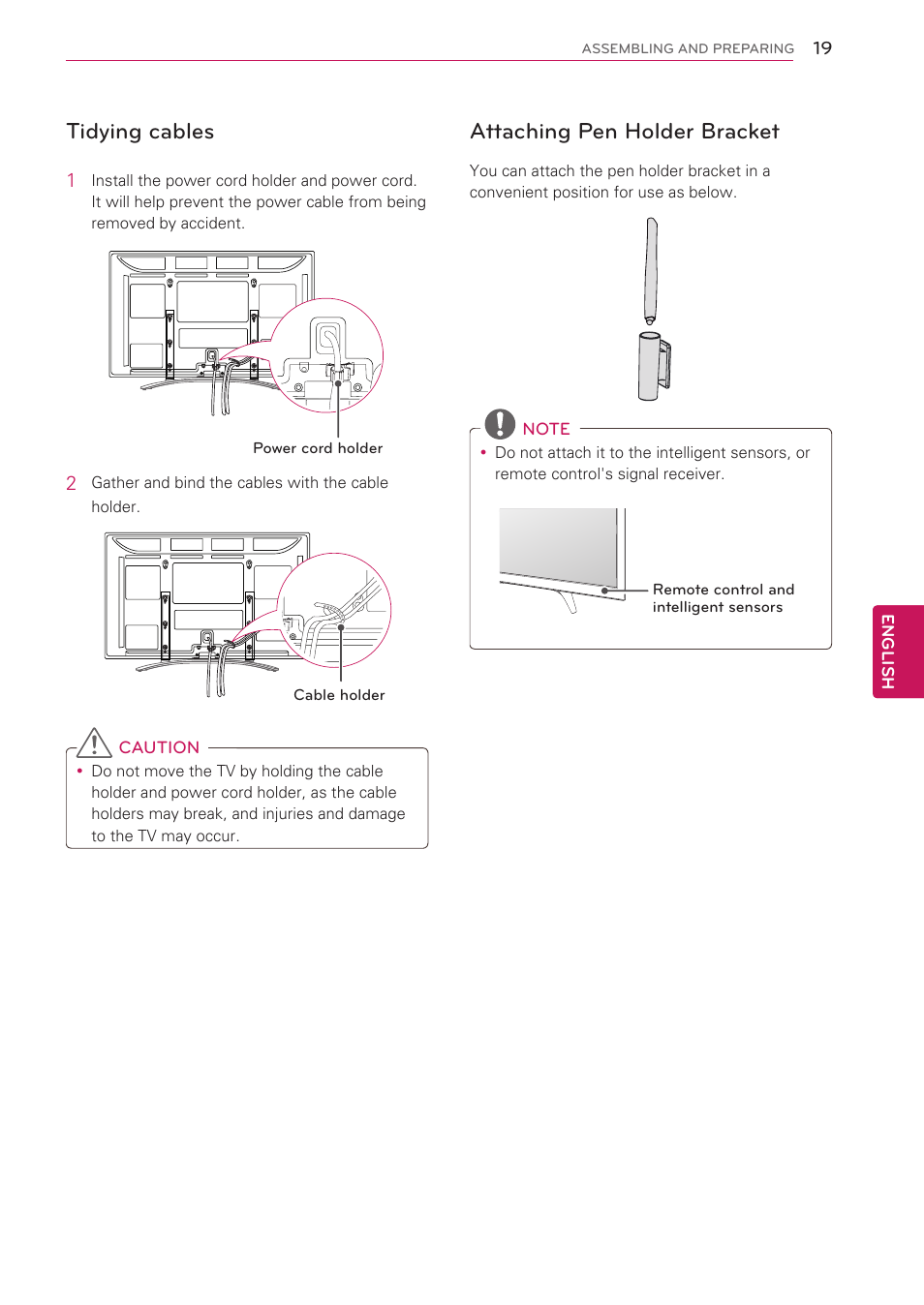 Tidying cables, Attaching pen holder bracket, English | Caution, Remote control and intelligent sensors, Assembling and preparing | LG 50PV490 User Manual | Page 19 / 122