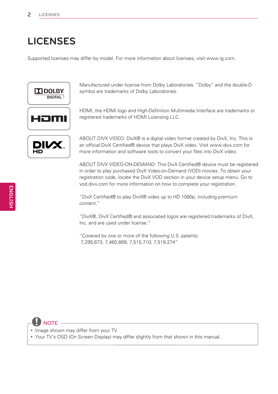 Licenses | LG 50PV490 User Manual | Page 2 / 122