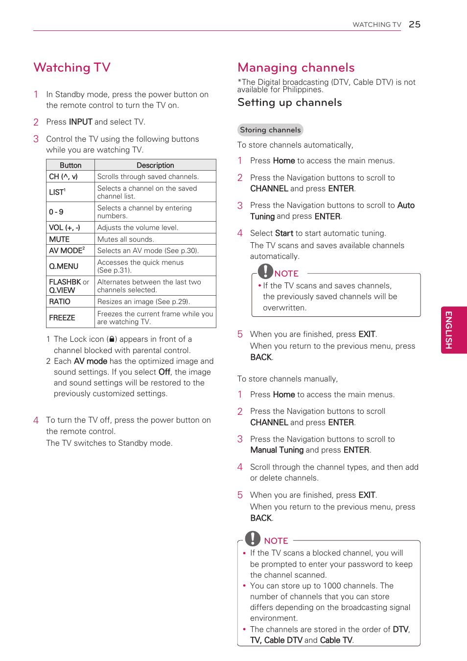 Watching tv, Managing channels, Setting up channels | LG 50PV490 User Manual | Page 25 / 122
