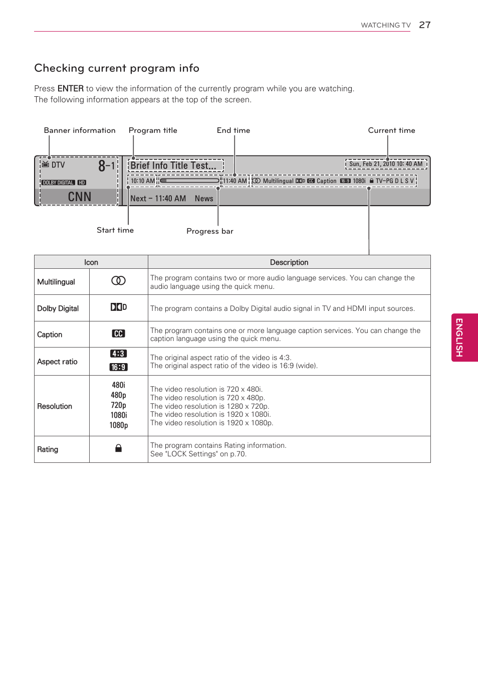 Checking current program info, See p.27), Brief info title test | LG 50PV490 User Manual | Page 27 / 122