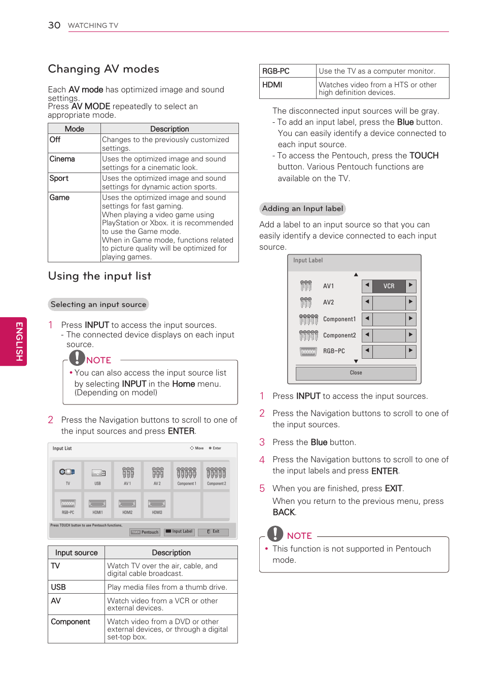 Changing av modes, Using the input list, See p.30) | English | LG 50PV490 User Manual | Page 30 / 122