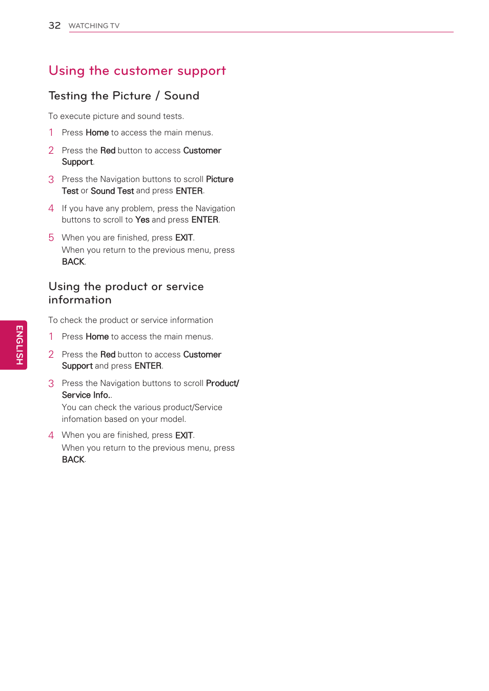 Using the customer support, Testing the picture / sound, Using the product or service information | Using the product or service informa, Tion | LG 50PV490 User Manual | Page 32 / 122