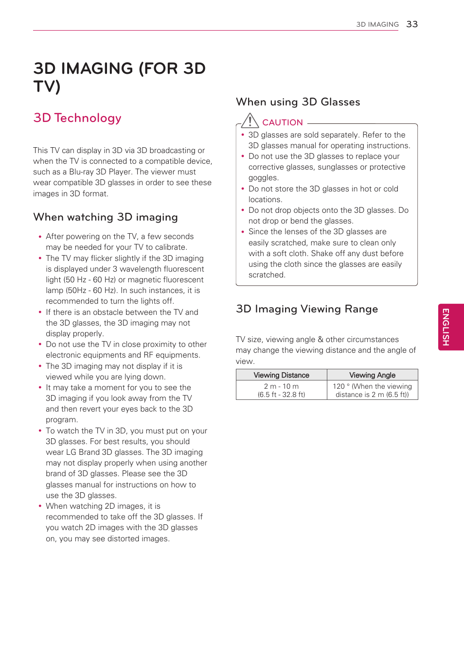 3d imaging (for 3d tv), 3d technology, When watching 3d imaging | When using 3d glasses, 3d imaging viewing range, 33 3d imaging (for 3d tv), See p.33) | LG 50PV490 User Manual | Page 33 / 122