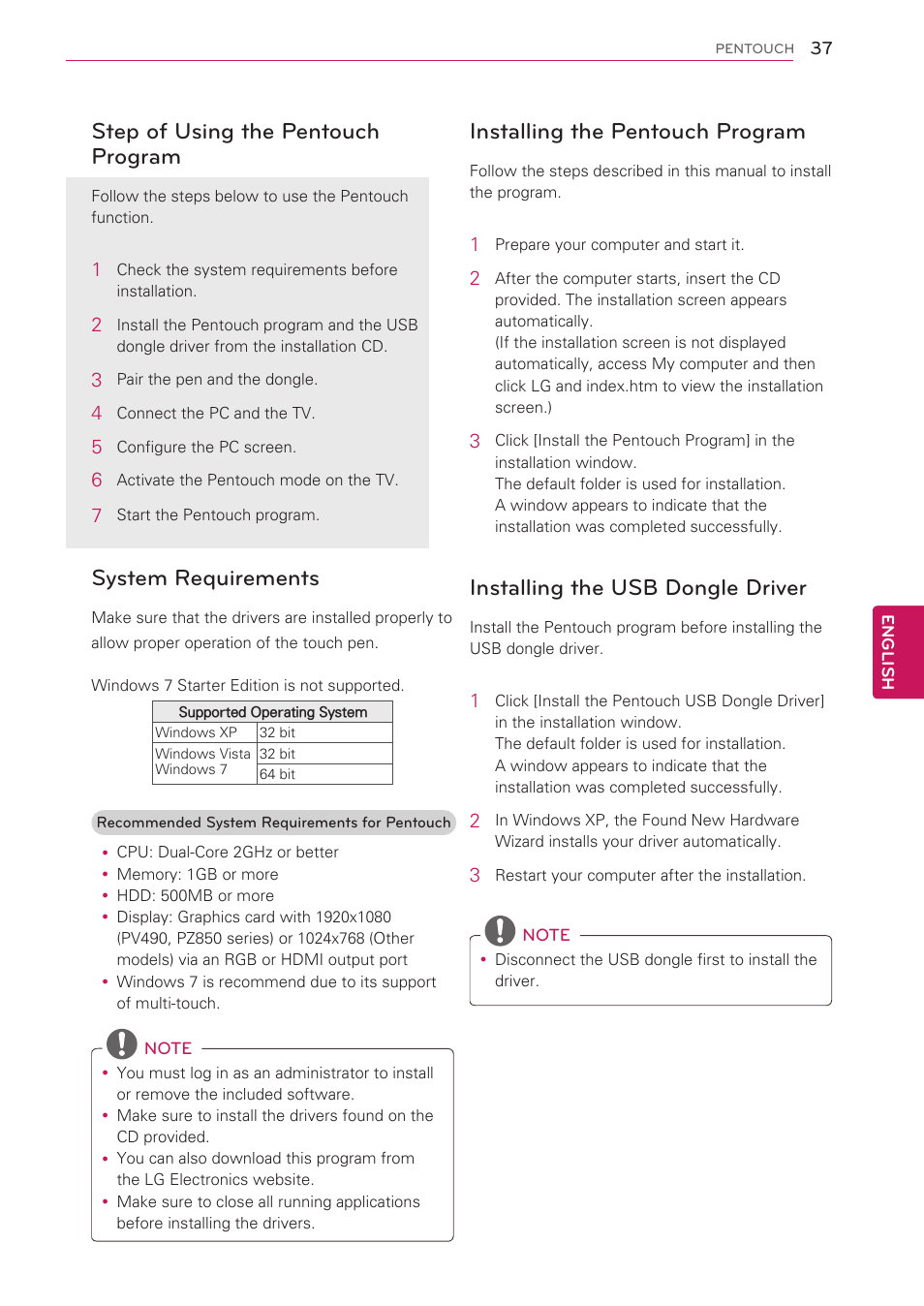 Step of using the pentouch program, System requirements, Installing the pentouch program | Installing the usb dongle driver | LG 50PV490 User Manual | Page 37 / 122