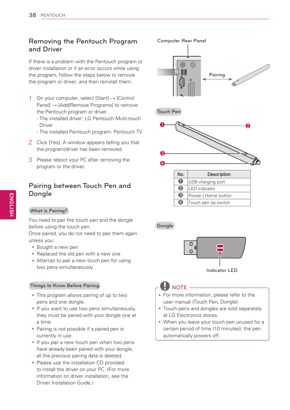 Removing the pentouch program and driver, Pairing between touch pen and dongle, Removing the pentouch program and | Driver | LG 50PV490 User Manual | Page 38 / 122