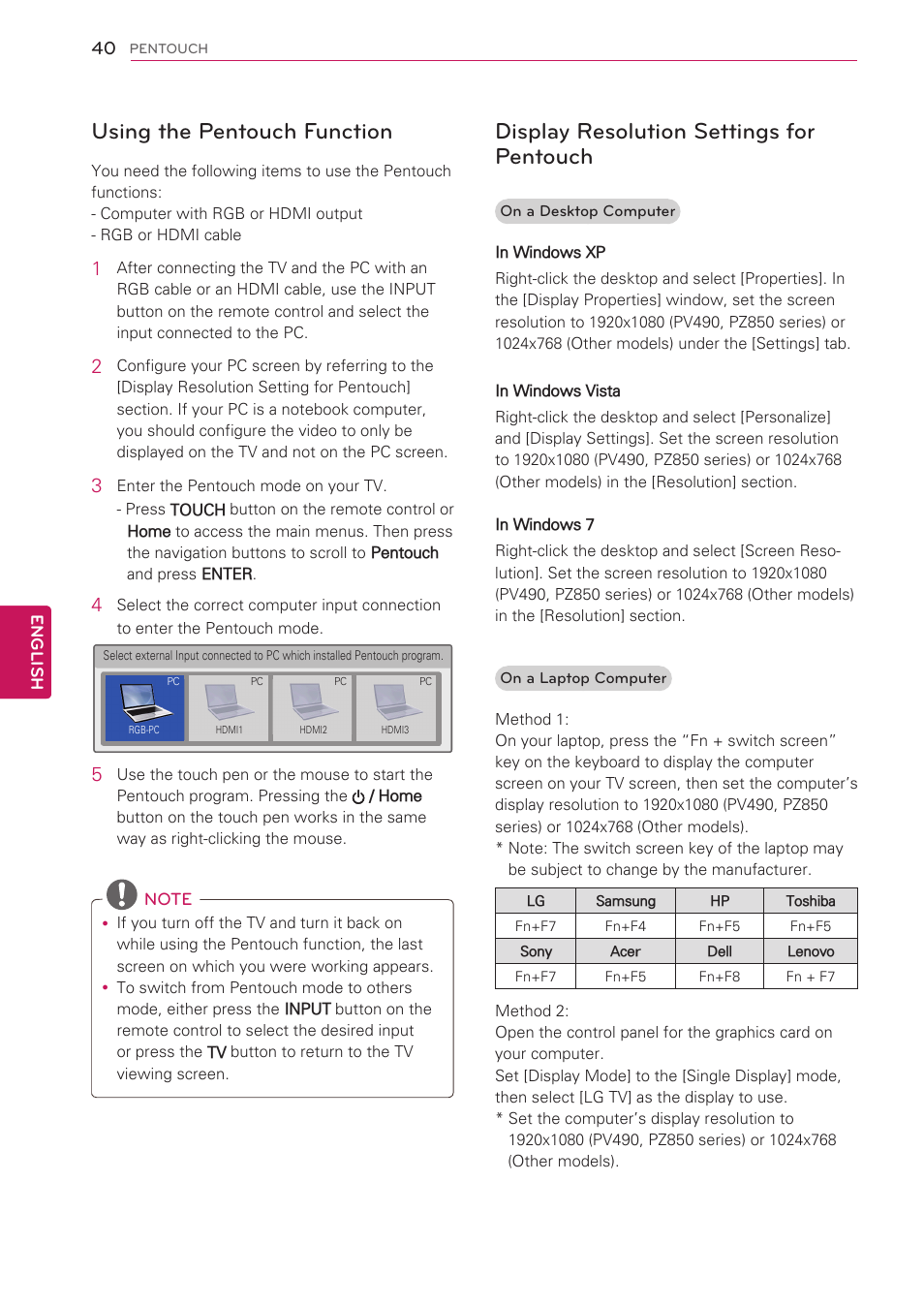 Using the pentouch function, Display resolution settings for pentouch, Display resolution settings for pen | Touch | LG 50PV490 User Manual | Page 40 / 122