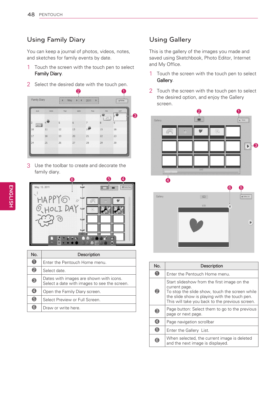 Using family diary, Using gallery | LG 50PV490 User Manual | Page 48 / 122