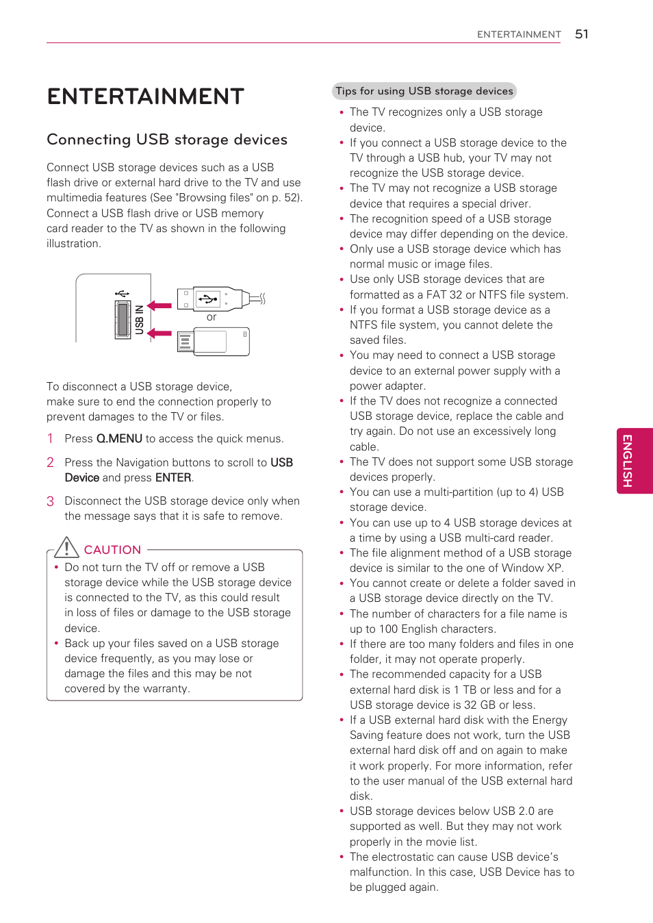 Entertainment, Connecting usb storage devices, 51 entertainment | LG 50PV490 User Manual | Page 51 / 122