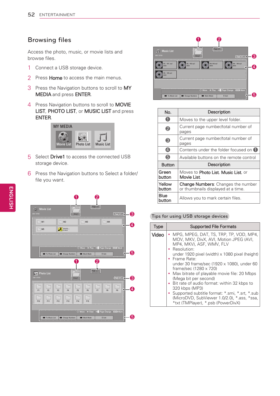 Browsing files, English, Connect a usb storage device | Press home to access the main menus, Tips for using usb storage devices, Video | LG 50PV490 User Manual | Page 52 / 122