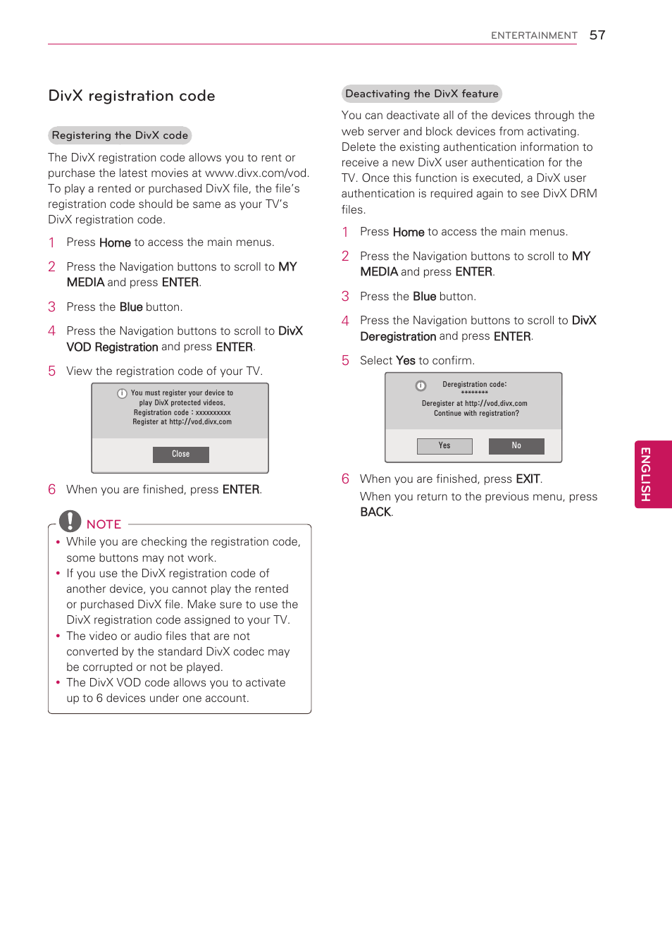 Divx registration code | LG 50PV490 User Manual | Page 57 / 122