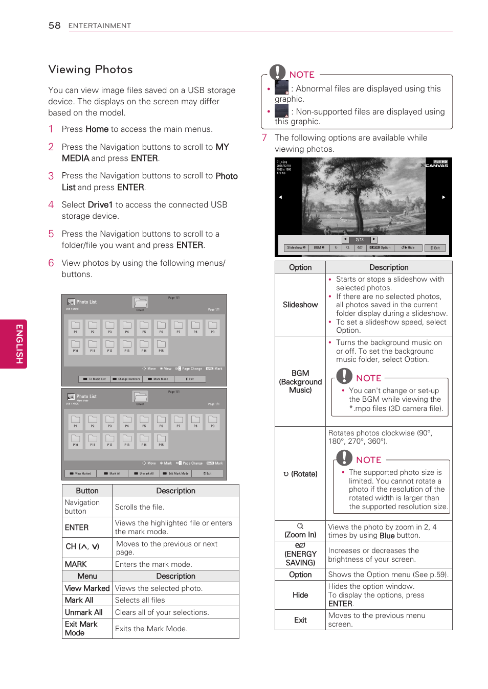 Viewing photos, English, Press home to access the main menus | View photos by using the following menus/ buttons | LG 50PV490 User Manual | Page 58 / 122