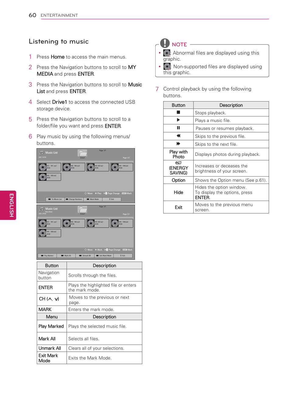 Listening to music, English | LG 50PV490 User Manual | Page 60 / 122