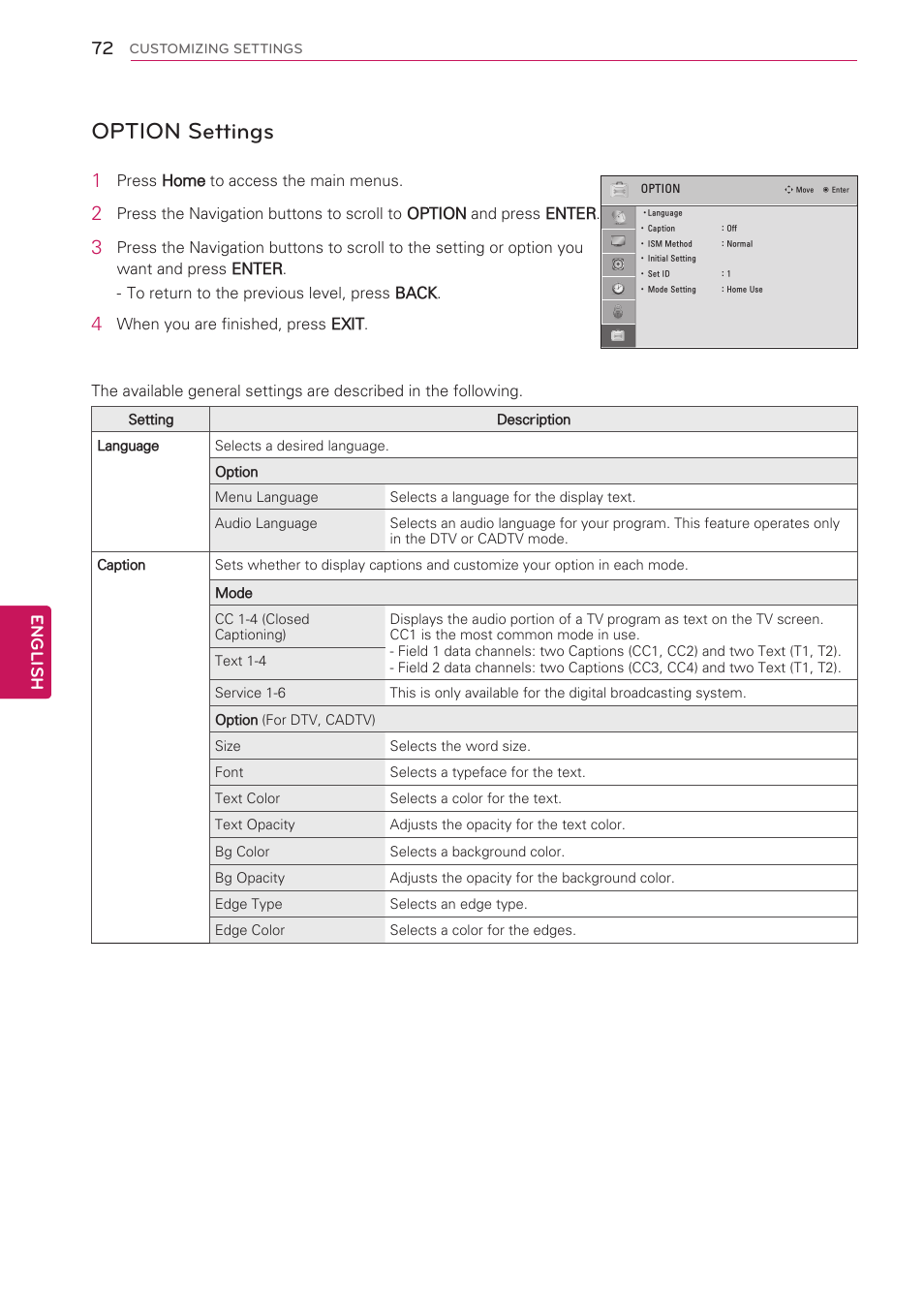 Option settings, See p.72), English | LG 50PV490 User Manual | Page 72 / 122