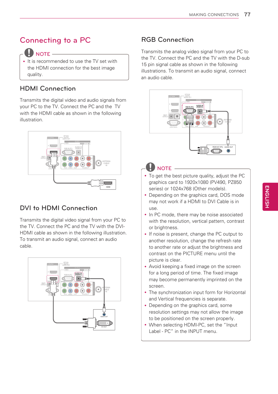 Connecting to a pc, Hdmi connection, Dvi to hdmi connection | Rgb connection, Gb – see p.77, English, Making connections | LG 50PV490 User Manual | Page 77 / 122