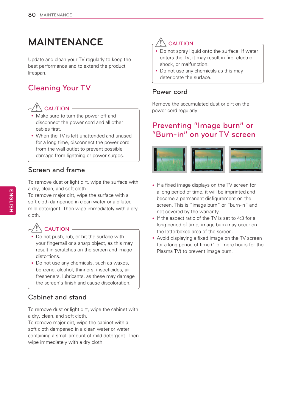 Maintenance, Cleaning your tv, Screen and frame | Cabinet and stand, Power cord, 80 maintenance | LG 50PV490 User Manual | Page 80 / 122