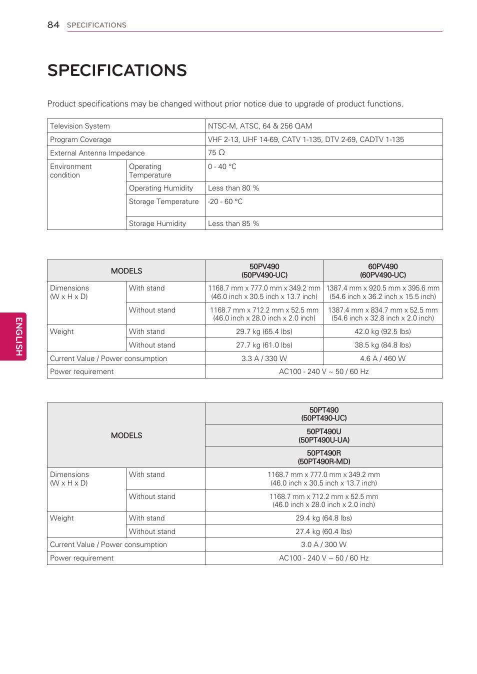 Specifications, 84 specifications, English | LG 50PV490 User Manual | Page 84 / 122