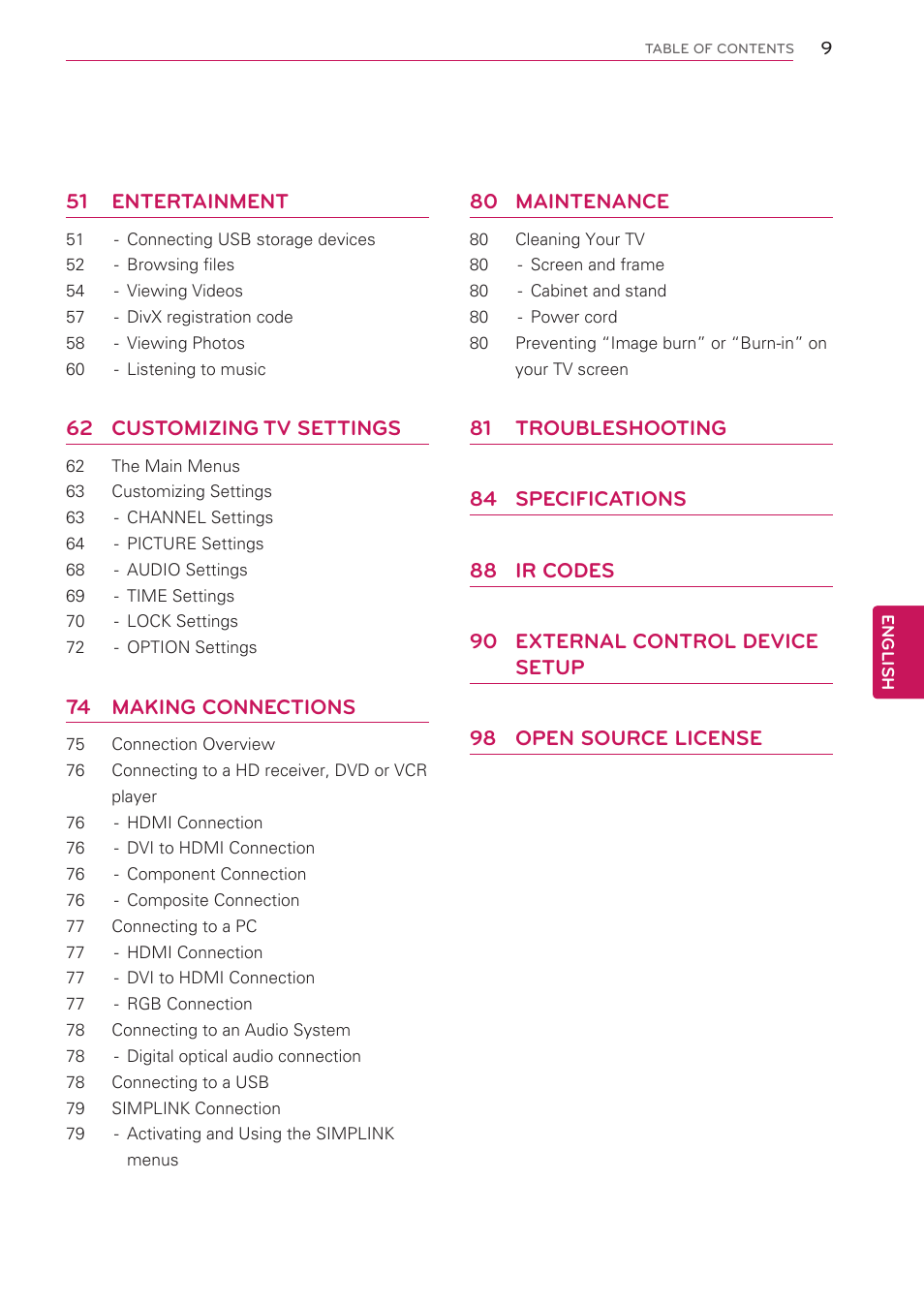 51 entertainment, 62 customizing tv settings, 74 making connections | 80 maintenance | LG 50PV490 User Manual | Page 9 / 122