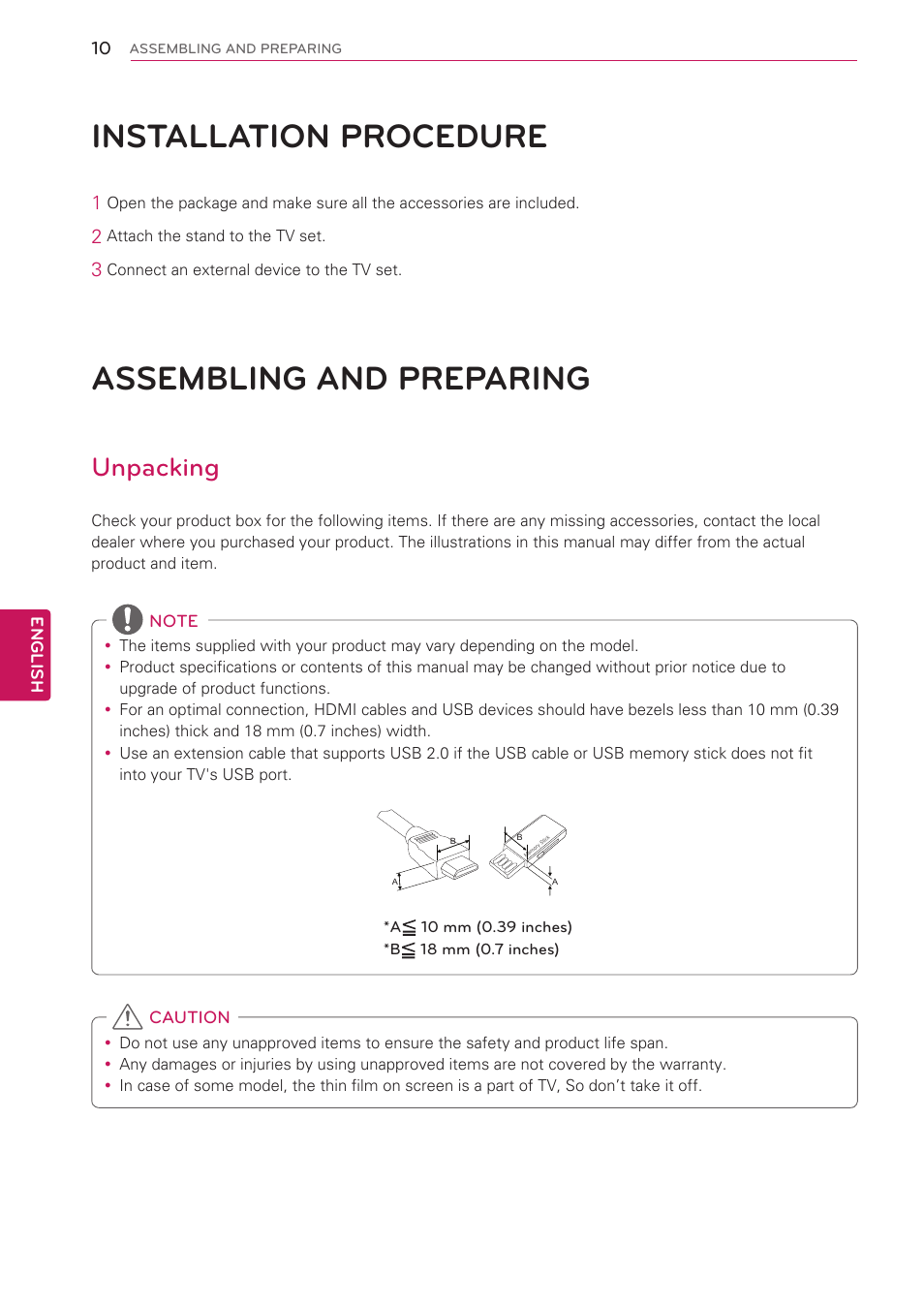 Installation procedure, Assembling and preparing, Unpacking | 10 installation procedure, 10 assembling and preparing | LG 42CS560 User Manual | Page 10 / 67