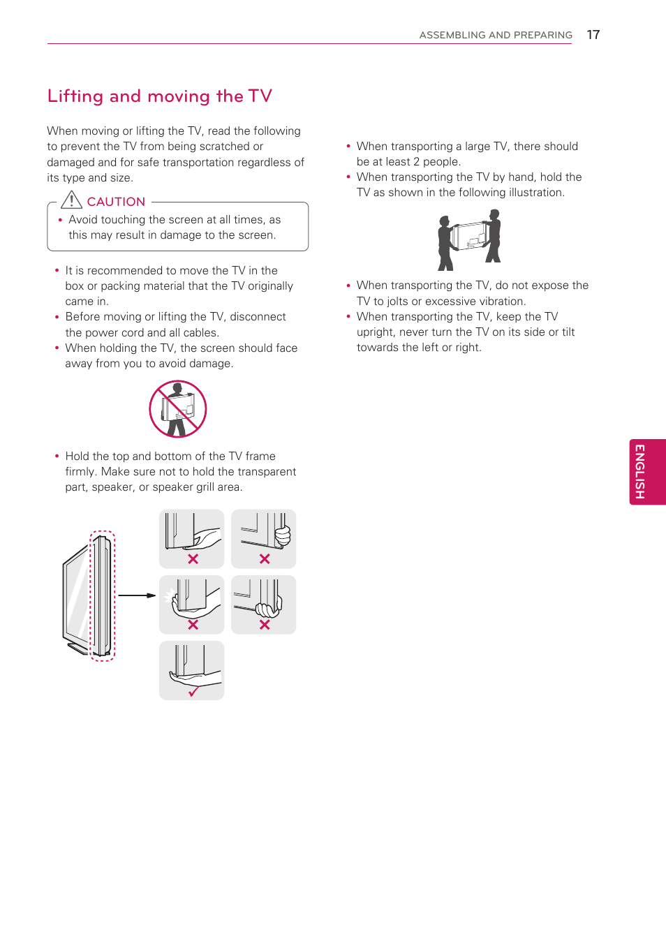 Lifting and moving the tv | LG 42CS560 User Manual | Page 17 / 67