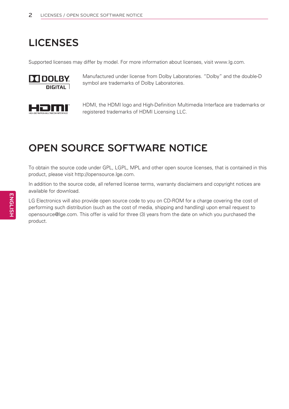 Licenses, Open source software notice | LG 42CS560 User Manual | Page 2 / 67