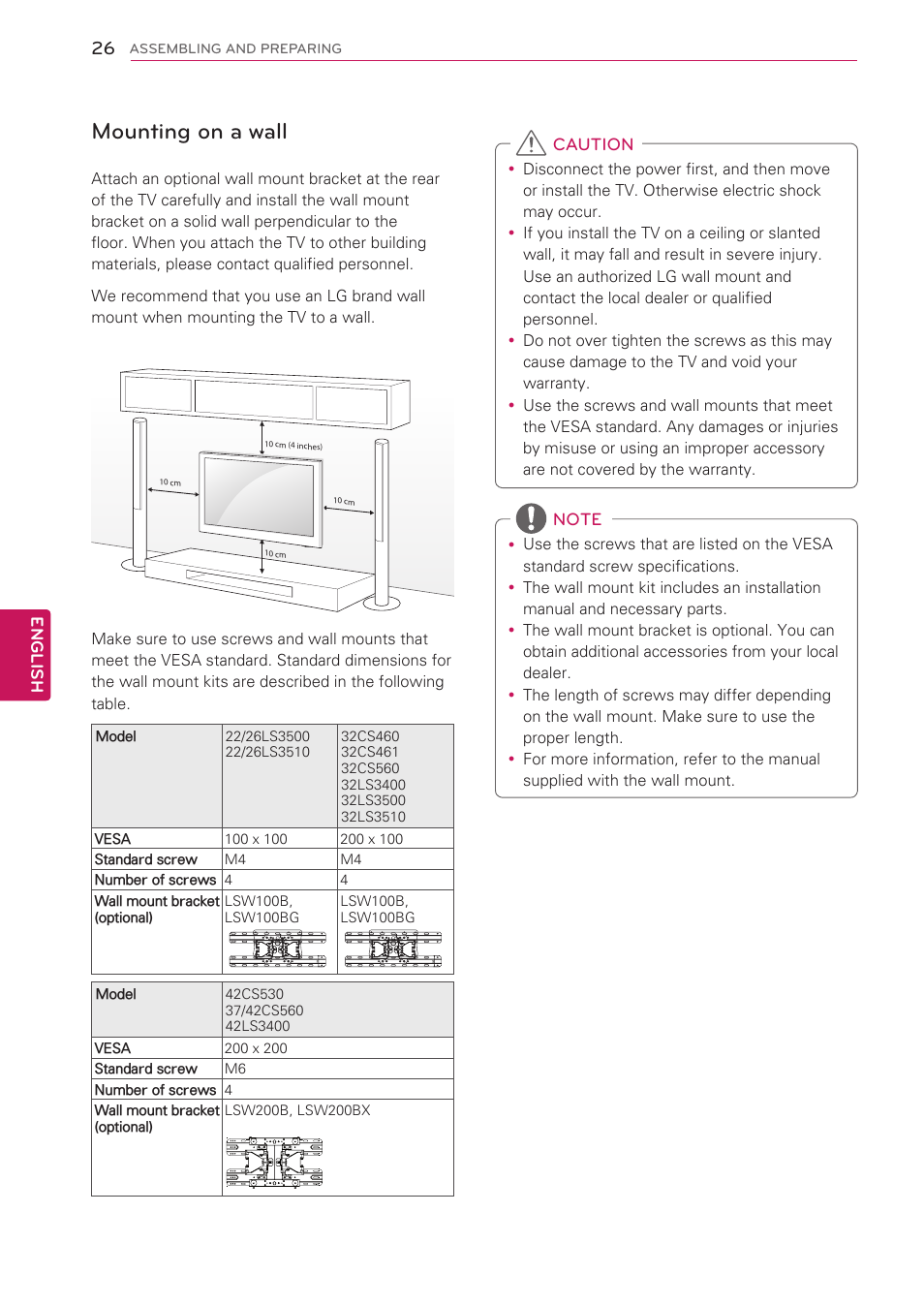 Mounting on a wall | LG 42CS560 User Manual | Page 26 / 67