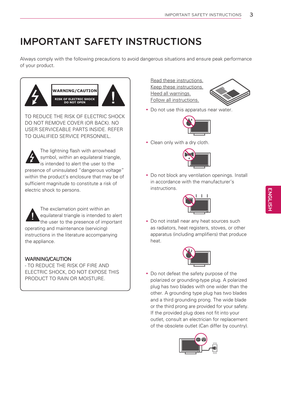 Important safety instructions, English | LG 42CS560 User Manual | Page 3 / 67