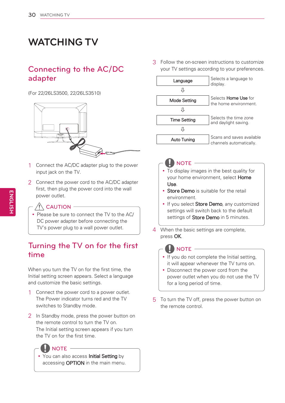 Watching tv, Connecting to the ac/dc adapter, Turning the tv on for the first time | 30 watching tv | LG 42CS560 User Manual | Page 30 / 67