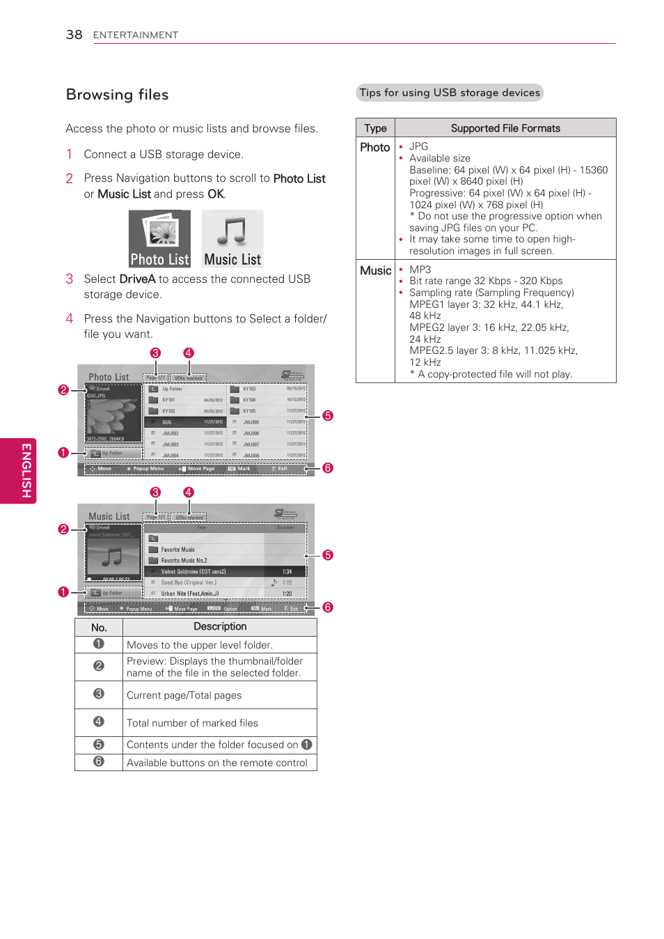 Browsing files, Photo list music list, English | Access the photo or music lists and browse files, Connect a usb storage device, Tips for using usb storage devices, Photo, Music | LG 42CS560 User Manual | Page 38 / 67