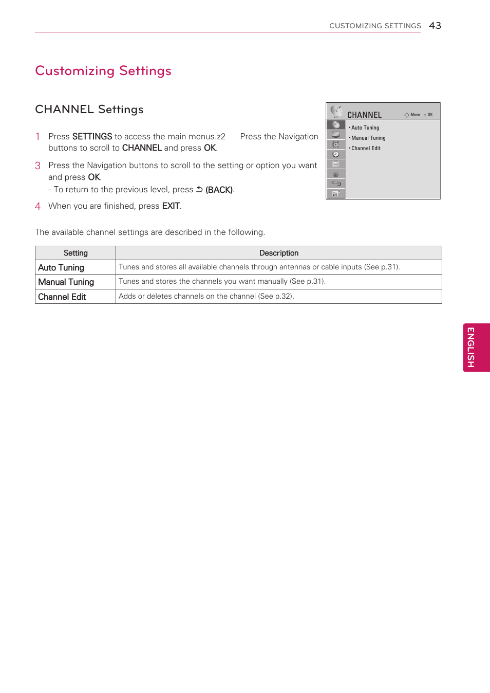 Customizing settings, Channel settings, See p.43) | LG 42CS560 User Manual | Page 43 / 67