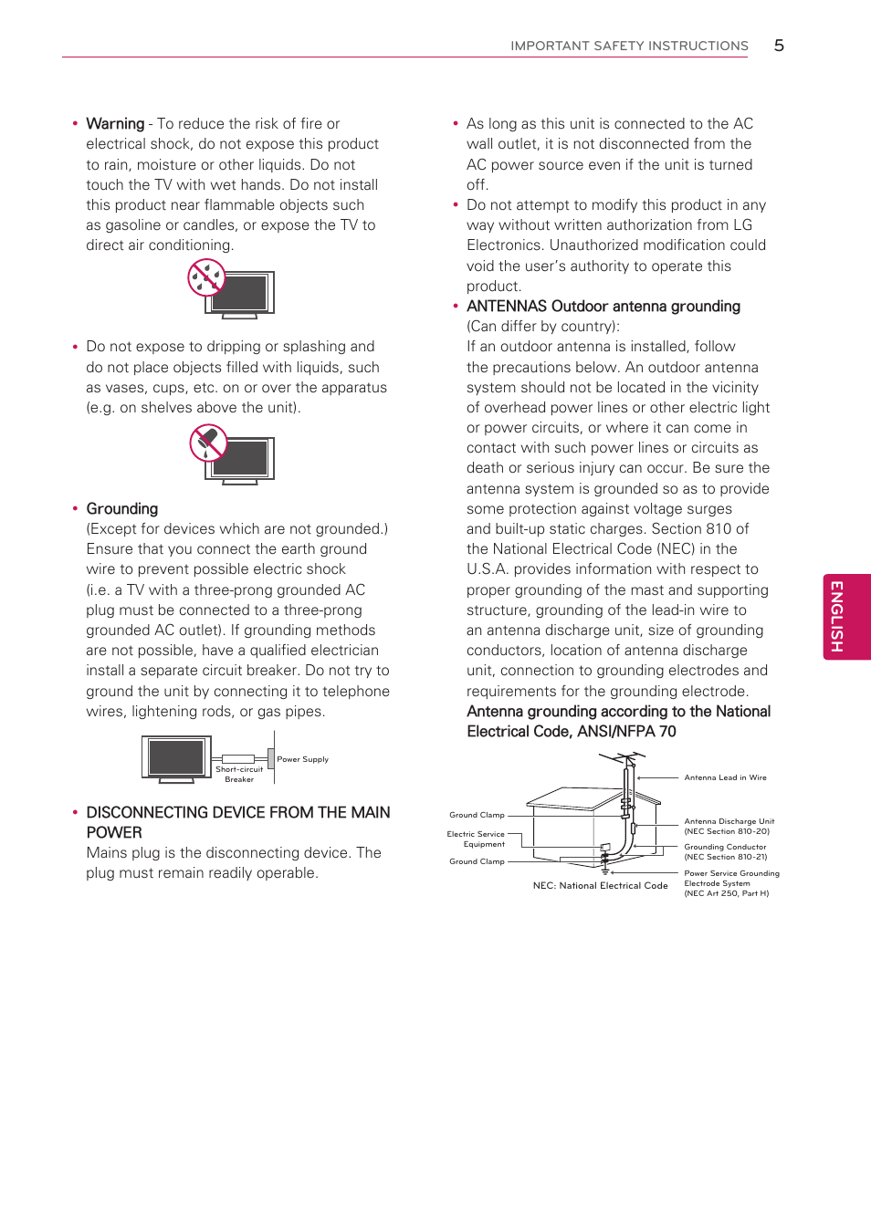 Short-circuit breaker power supply, English | LG 42CS560 User Manual | Page 5 / 67