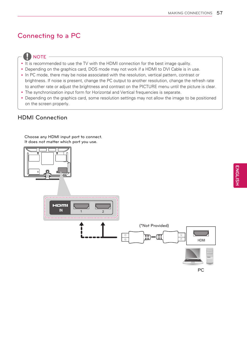 Connecting to a pc, Hdmi connection | LG 42CS560 User Manual | Page 57 / 67