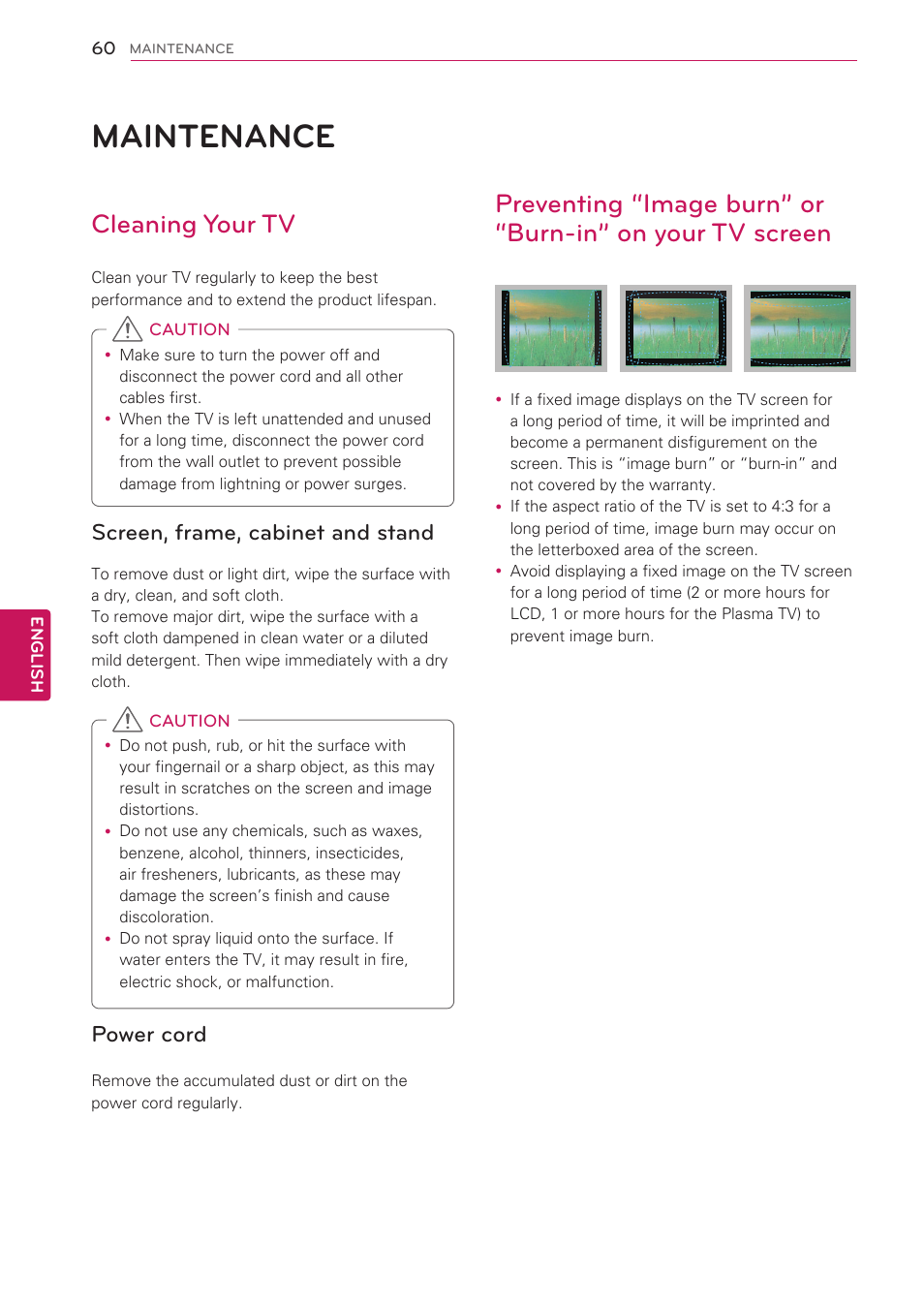 Maintenance, Cleaning your tv, Screen, frame, cabinet and stand | Power cord, 60 maintenance | LG 42CS560 User Manual | Page 60 / 67