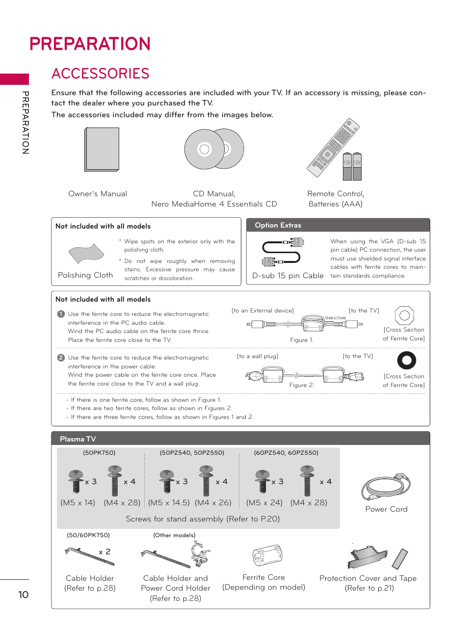 Preparation, Accessories, Pr ep a r at io n | LG 50PZ550 User Manual | Page 10 / 206